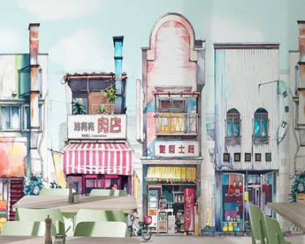 3d手繪插畫日本街道街景文化墻紙涂鴉壽司料理店效果圖
