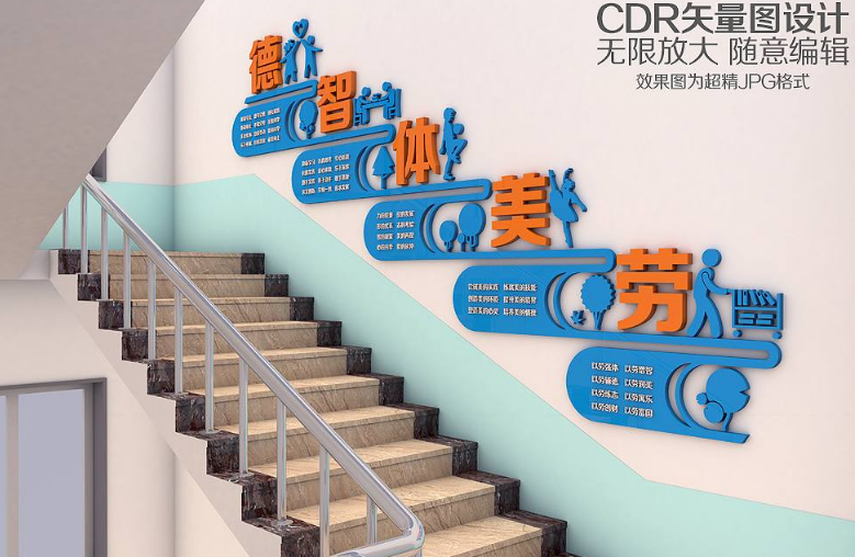 清新森林卡通學校照片樓梯文化墻