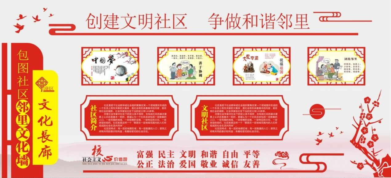 立體紅色鄰里文化墻社區文化宣傳圖片