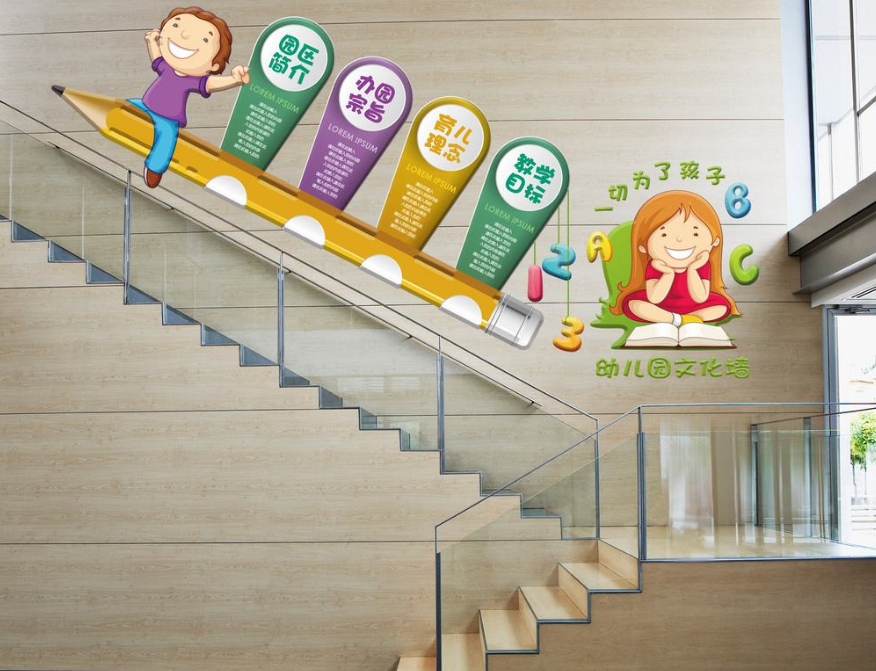 卡通幼兒園培訓(xùn)機(jī)構(gòu)校園立體樓道樓梯文化墻