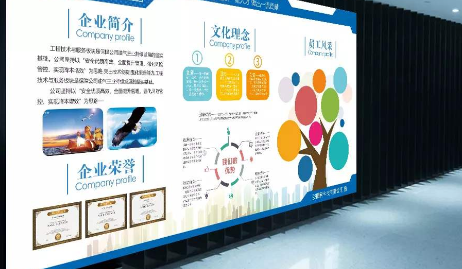 創意藍色企業簡介企業文化墻布置圖設計