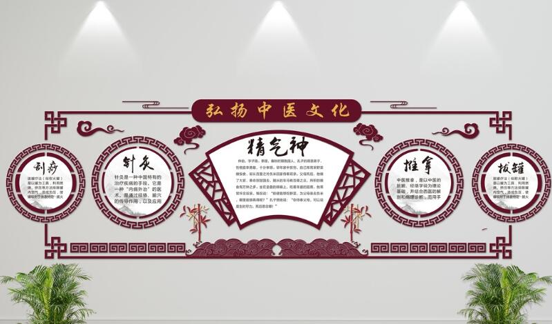 中國風(fēng)微立體望聞問切中醫(yī)文化墻制作效果圖